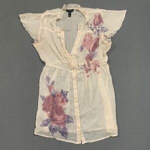 Whimsical Coquette Women's L Babydoll Sheer Ruffle Button Down Top Y2K Ethereal
